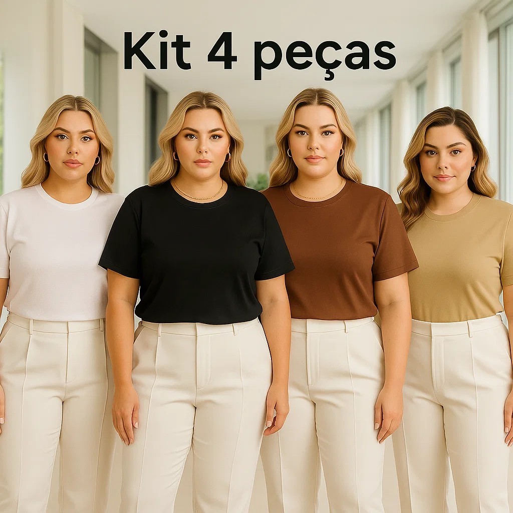 Kit 4 Camisetas Feminina Plus Size Básica 100% Algodão Premium Gola Redonda GG ao G4 Lisa