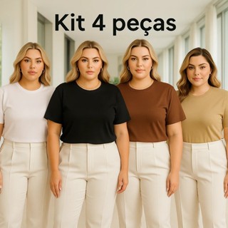 Kit 4 Camisetas Feminina Plus Size Básica 100% Algodão Premium Gola Redonda GG ao G4 Lisa em Oferta na Shopee