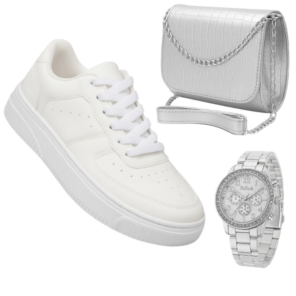 Kit Feminino Casual Com Tênis + Bolsa Transversal + Relogio