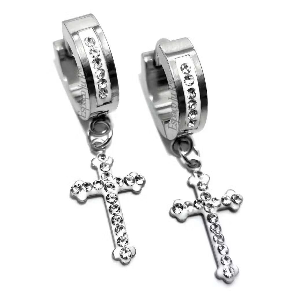 Brinco De Cruz Argola Cravejada prata prateado em aço inox pedra zircônia Cruzados Cúbica masculino em Oferta na Shopee