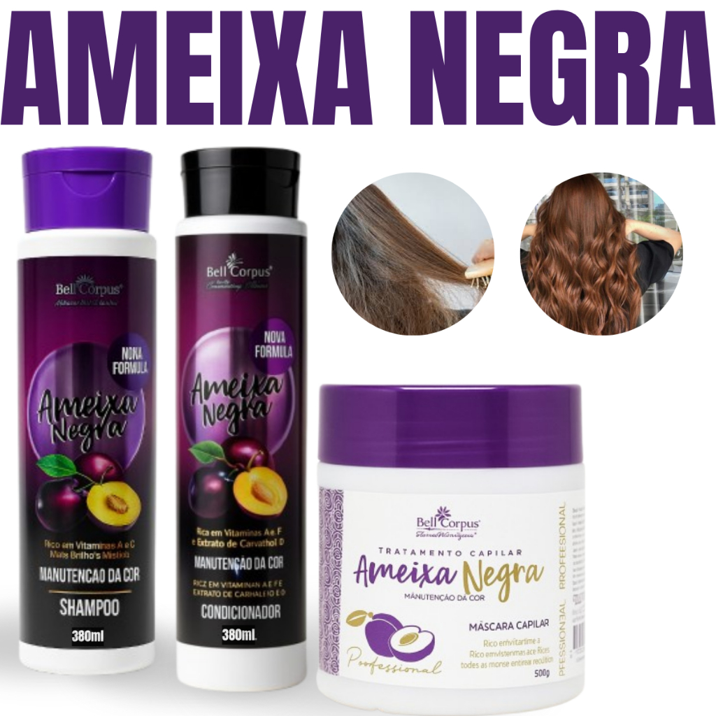 Kit Shampoo Condicionador e Máscara Capilar Ameixa Negra Bell Corpus  Manutenção da Cor BellCorpus