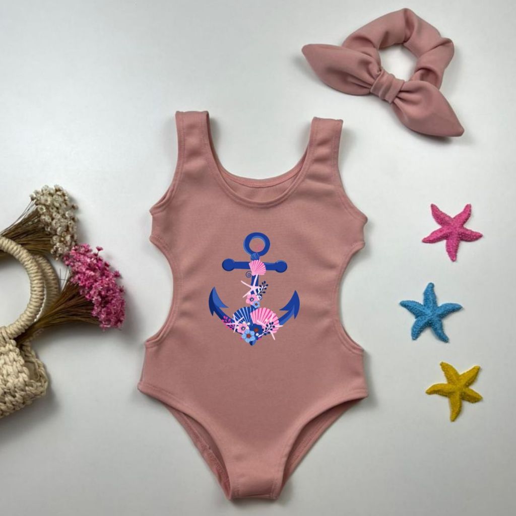 Body Maiô Menina Praia Verão Ancora + Xuxinha Cabelo Look Praiano Verão Mini Diva Recorte Lateral Moderno E Estiloso