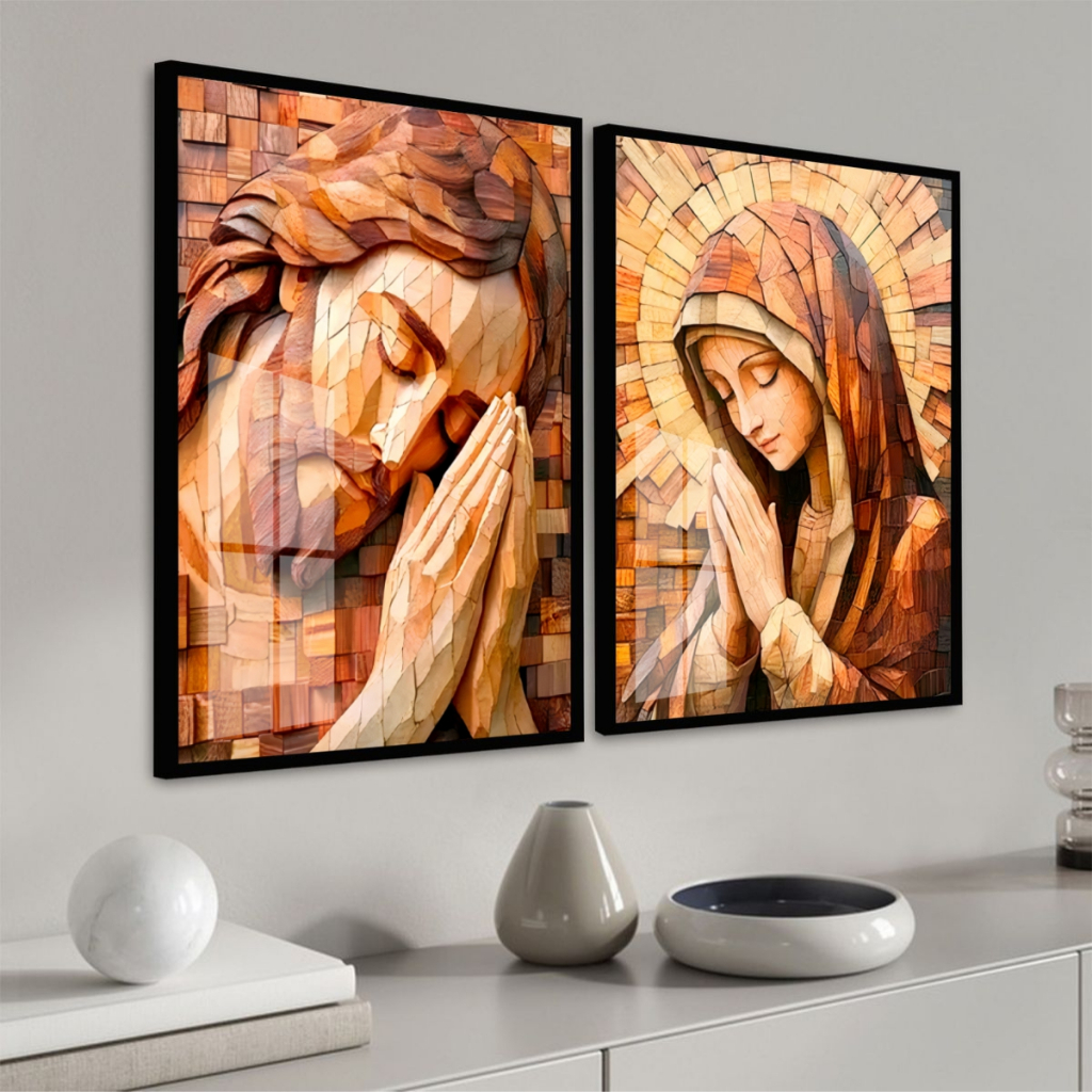 Quadro Moldura Vidro Kit 2 Peças Religioso Jesus Maria Mosaico Bege Marrom Quarto Sala Escritório