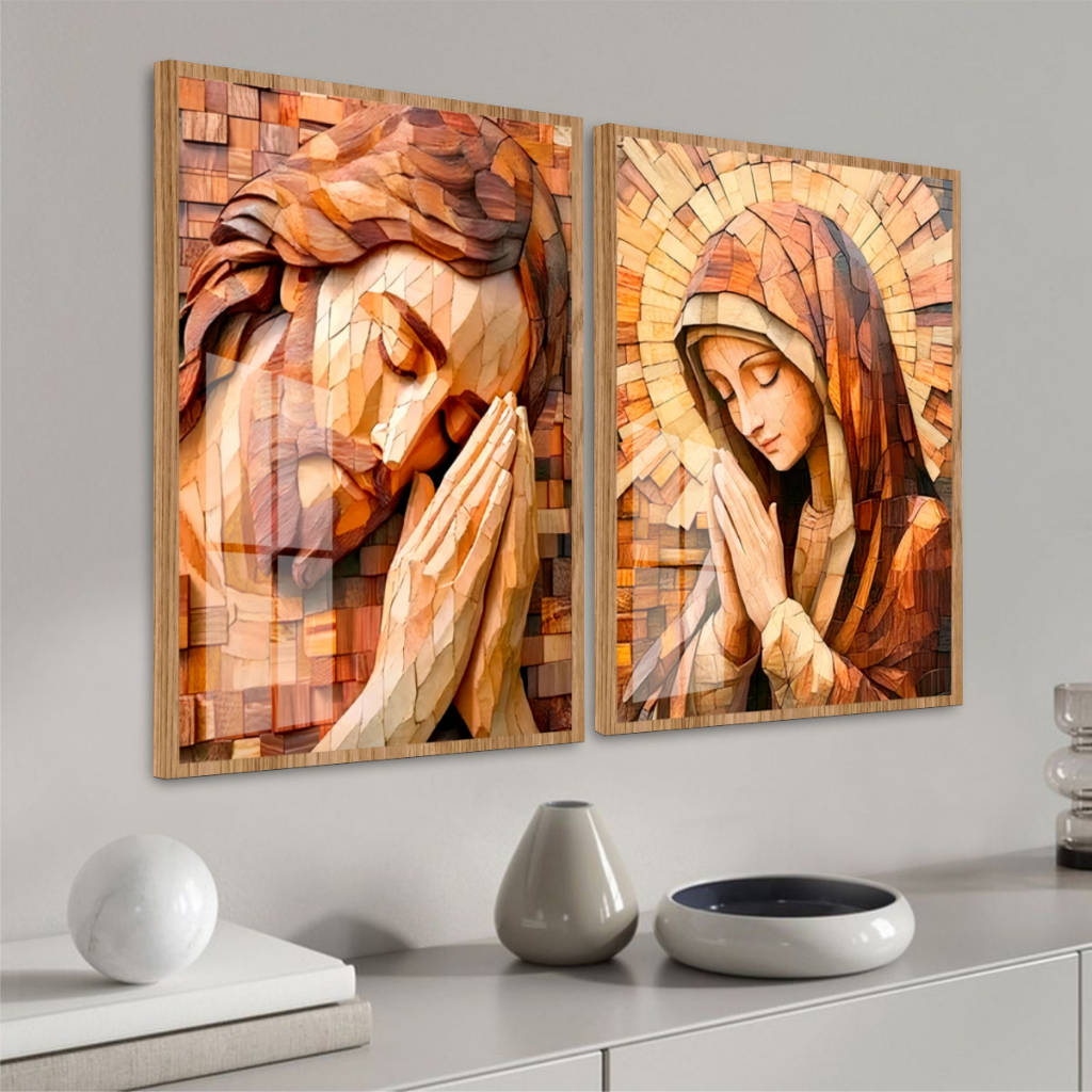 Quadro Moldura e Vidro Kit 2 Peças Religioso Jesus Maria Mosaico Bege Marrom Quarto Sala Escritório