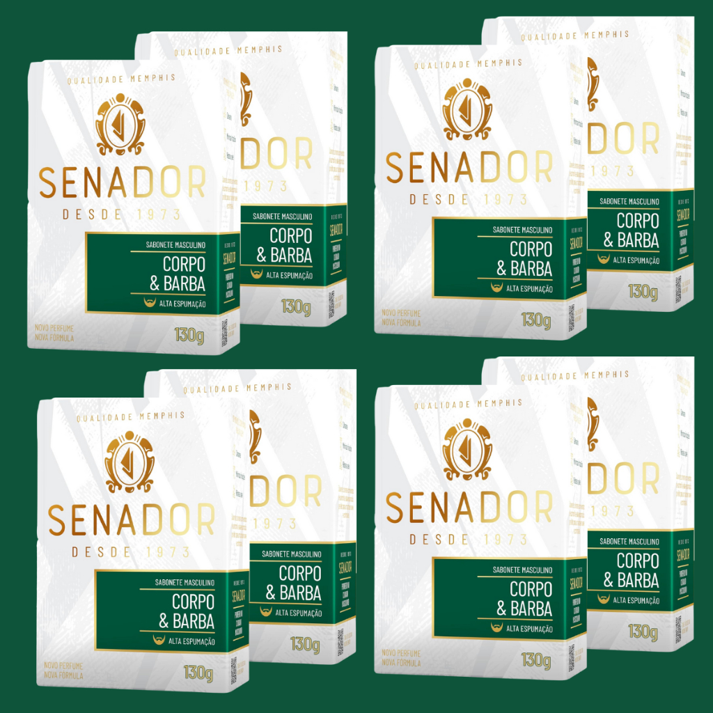 Kit 8 Sabonete Masculino Senador em Barra Corpo e Barba 130g Hidratação Perfumado Presente