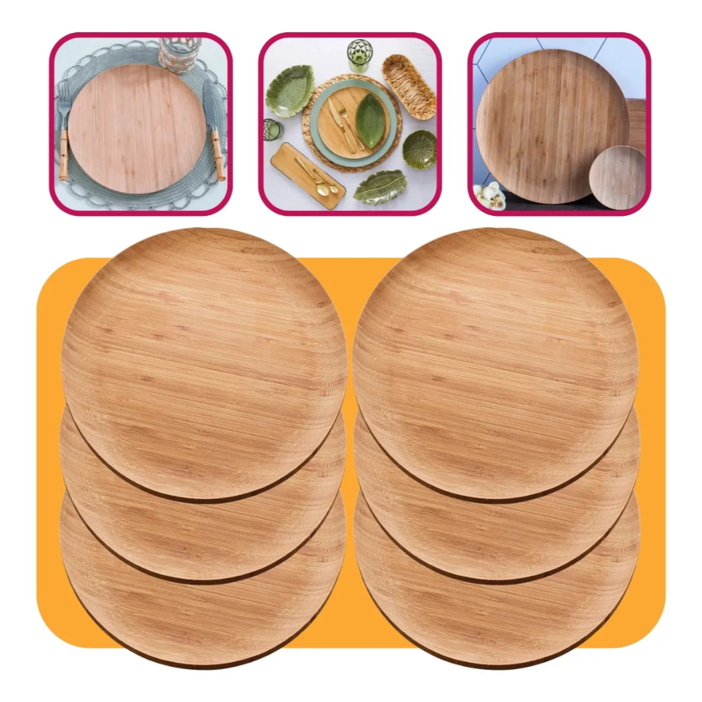 Jogo 6 Pratos Rasos de Bambu Natural 27cm Almoço Jantar Canapés Versátil Multiuso Verona - Lyor