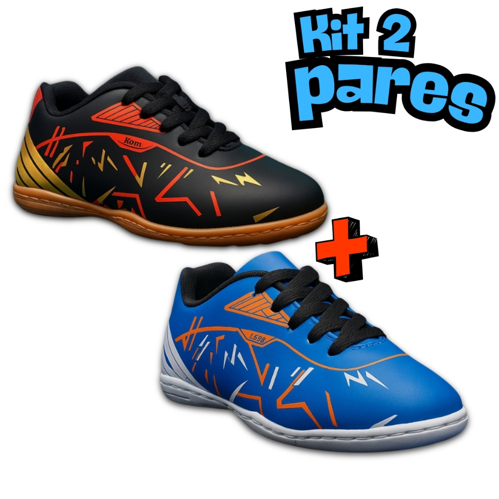 Kit 2 Pares Chuteira Infantil Masculina Futsal Salão Society Costurada Leve Confortável Escola 28-33