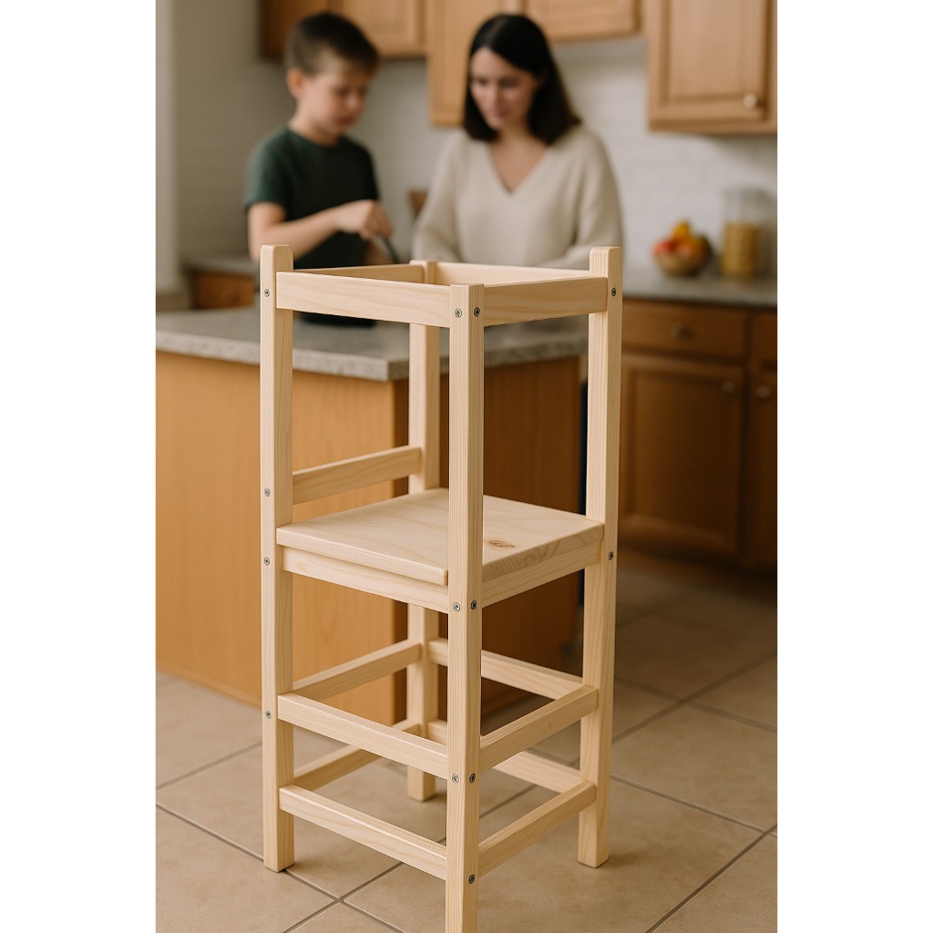 Torre de Aprendizagem Montessori de Madeira Pinus Dobrável Ajustável Infantil 70x32cm 0 A 4 Anos