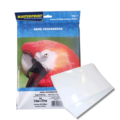 Papel Fotográfico A4 135g Glossy Brilhante Masterprint 50 Folhas Impressoras Inkjet