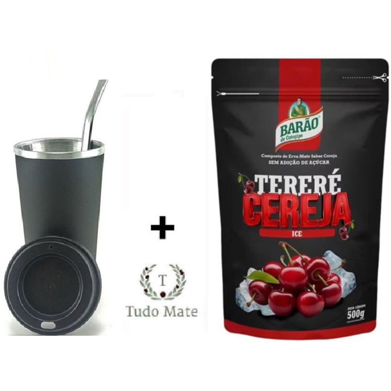Kit Tereré Copo Preto com Tampa e Bomba + Erva Mate Tereré sabor CEREJA