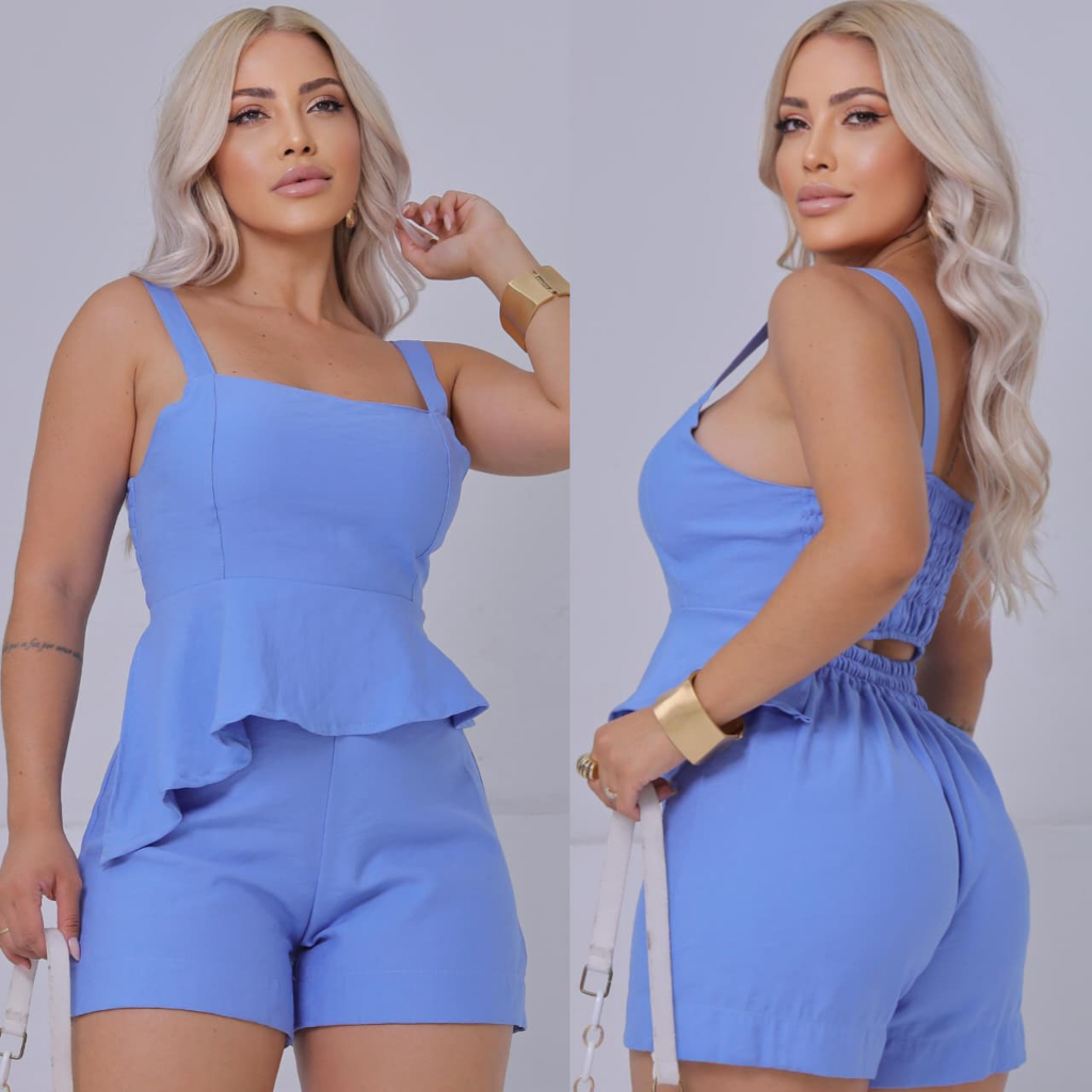 ✨ Conjunto Feminino Luxo Verão 2026-2027– Blusa Assimétrica e Short Social Elegante ✨ em Oferta na Shopee