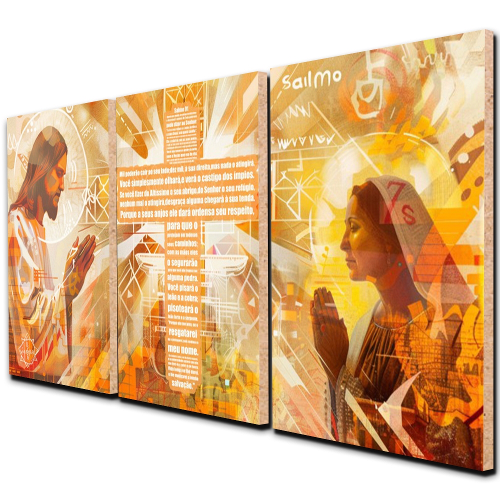 Quadro Religioso Triptico Com Oração Em Português Jesus Cristo Maria MDF Parede Salmo 91