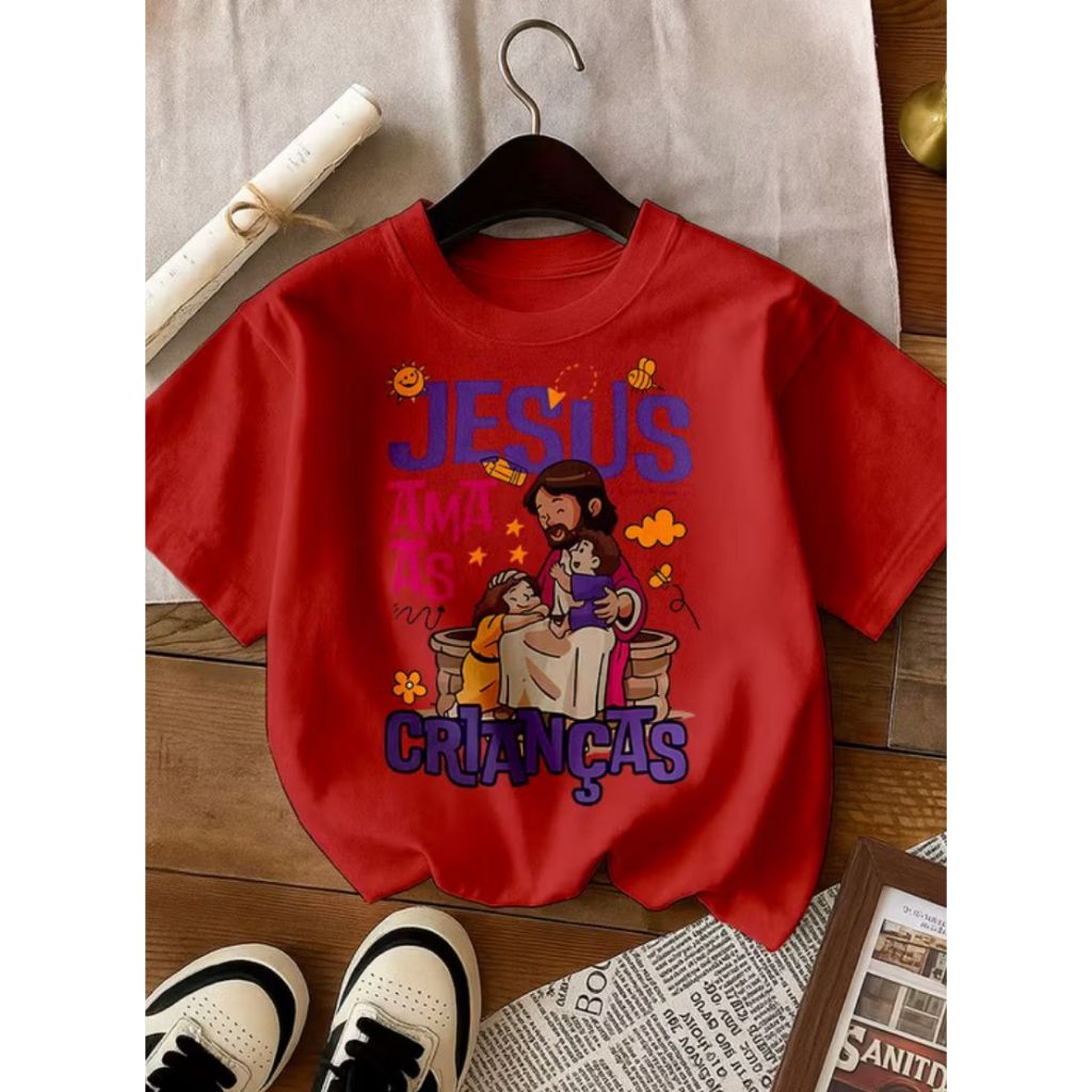 Camiseta Infantil Jesus Ama As Crianças 100% Algodão Fofo Estampa Religiosa