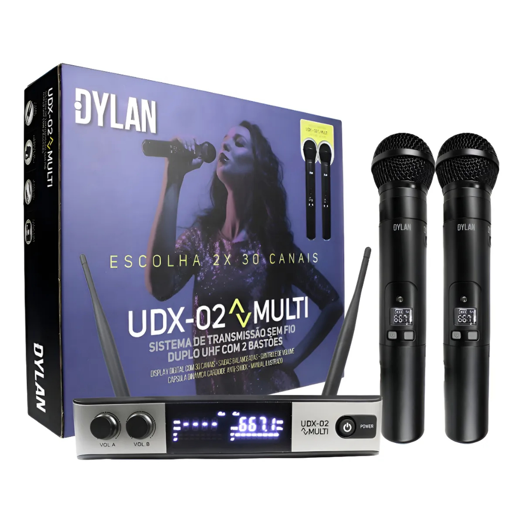 MICROFONE SEM FIO DYLAN UDX02 UHF COM 2 MICROFONES DE MÃO P/ IGREJA