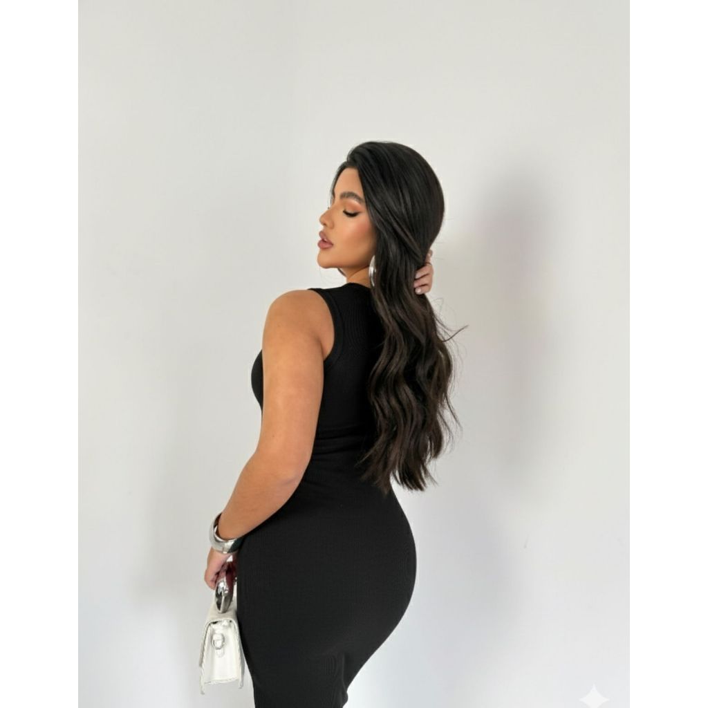 Vestido Feminino Regata Midi Fenda Lateral Tecido Ribana Canelada