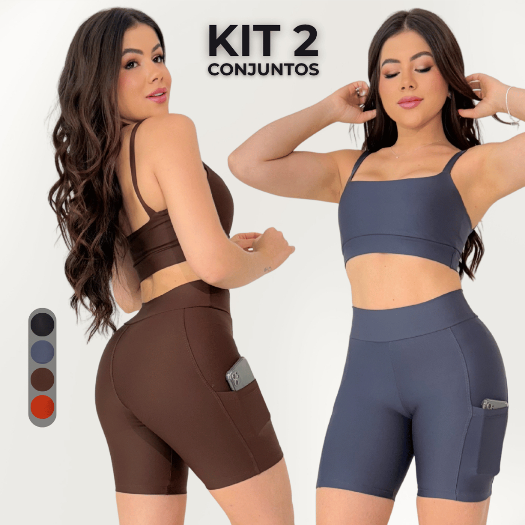 Kit 2 Conjunto Fitness Feminino Short Com Bolso Top Suplex Academia Treino Corrida em Oferta na Shopee