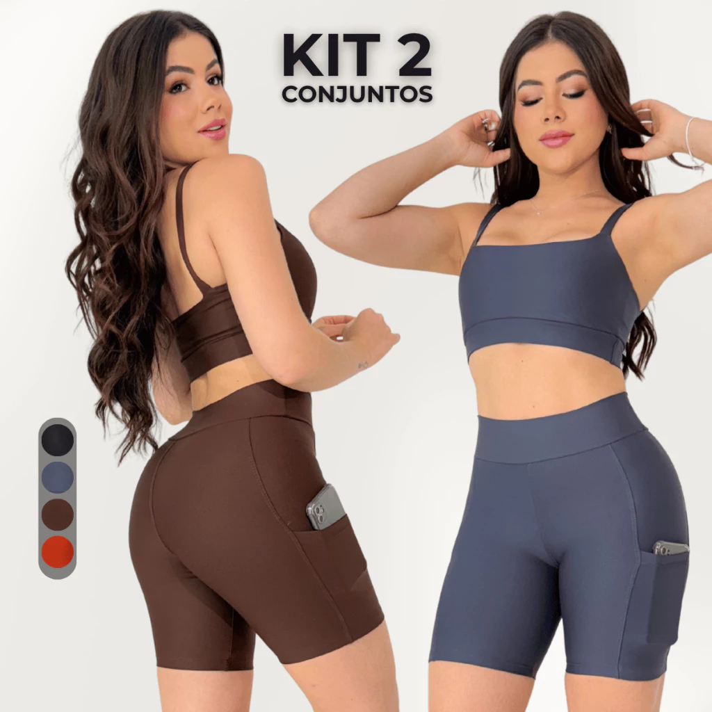 Kit 2 Conjunto Fitness Feminino Short Com Bolso Top Suplex Academia Treino Corrida