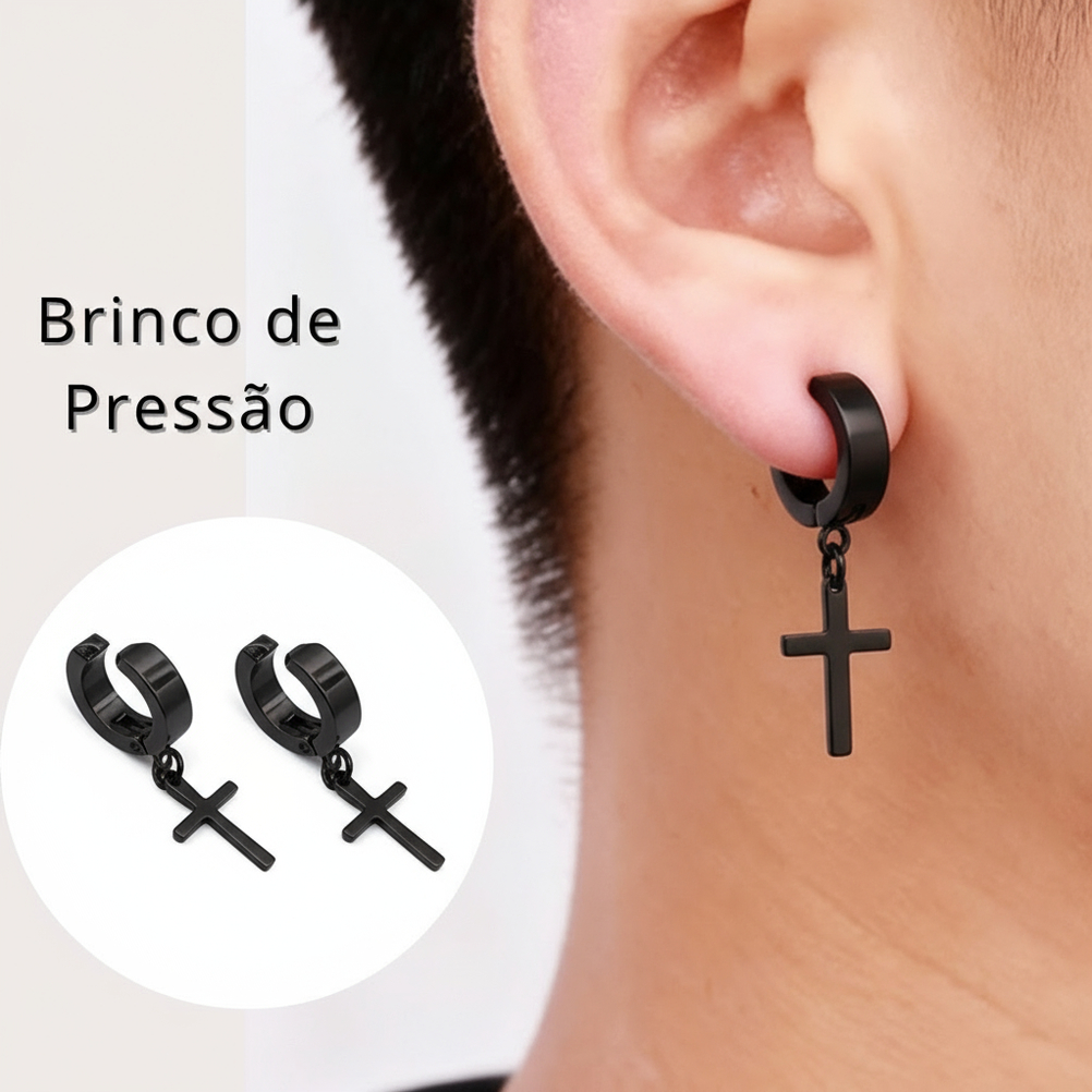 Par de Brinco de Pressão Argola Aço Inoxidável Preto com Cruz em Oferta na Shopee