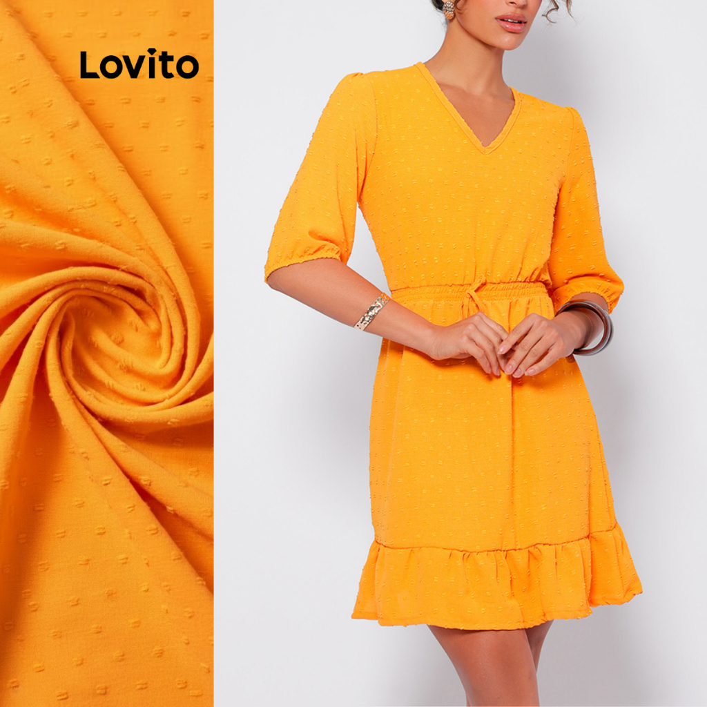 Lovito Vestido Manga 3/4 Curto com Babados Tecido Plano Feminino LB227BRL256 em Oferta na Shopee