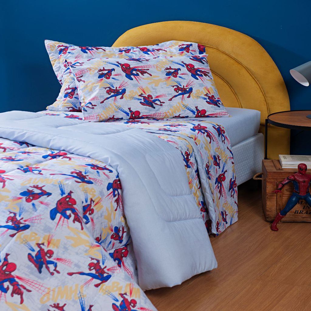Colecao Colcha Edredom Dupla Face Manta Porta Travesseiro Homem Aranha Spider Man Conforto Macio Enxoval Cama Quarto