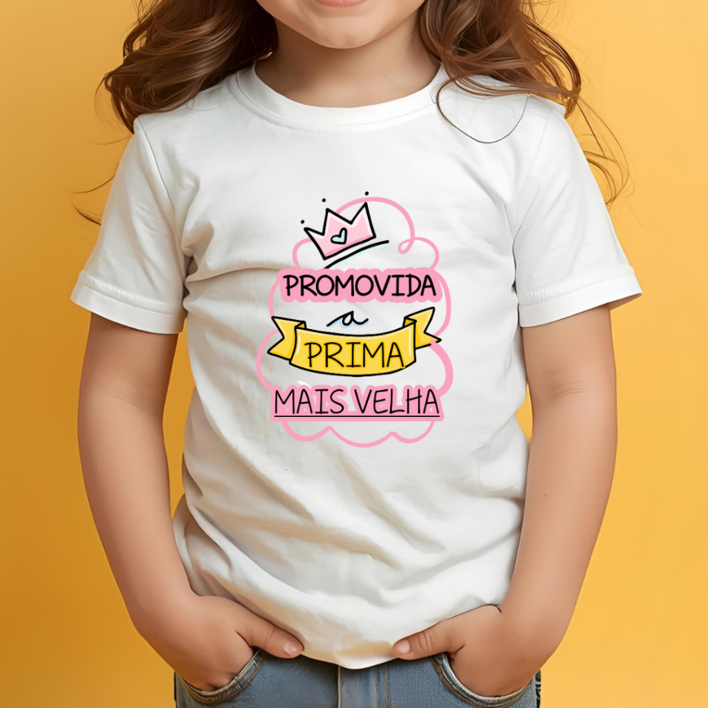 Camiseta Infantil PROMOVIDA A PRIMA MAIS VELHA [est. 2] Chá de bebê ZLprint em Oferta na Shopee