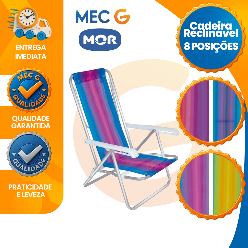 Cadeira de Praia Reclinavel em 8 Posições Aluminio Leve Resistente Suporte Até 100Kg Colorida Mor em Oferta na Shopee
