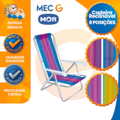 Cadeira de Praia Reclinavel em 8 Posições Aluminio Leve Resistente Suporte Até 100Kg Colorida Mor