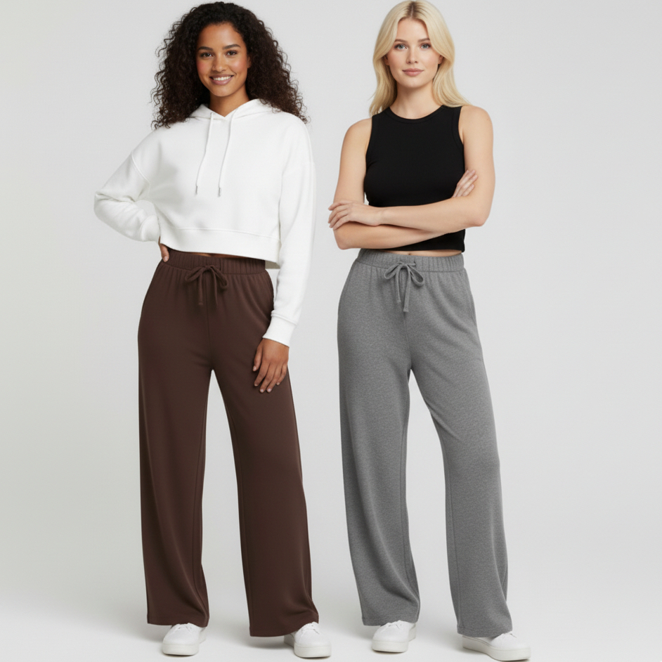 Kit 2 Calças Pantalona Feminina Cintura Alta Com Bolso Estilo Alfaiataria Moletinho Tecido Viscolycra Confortável