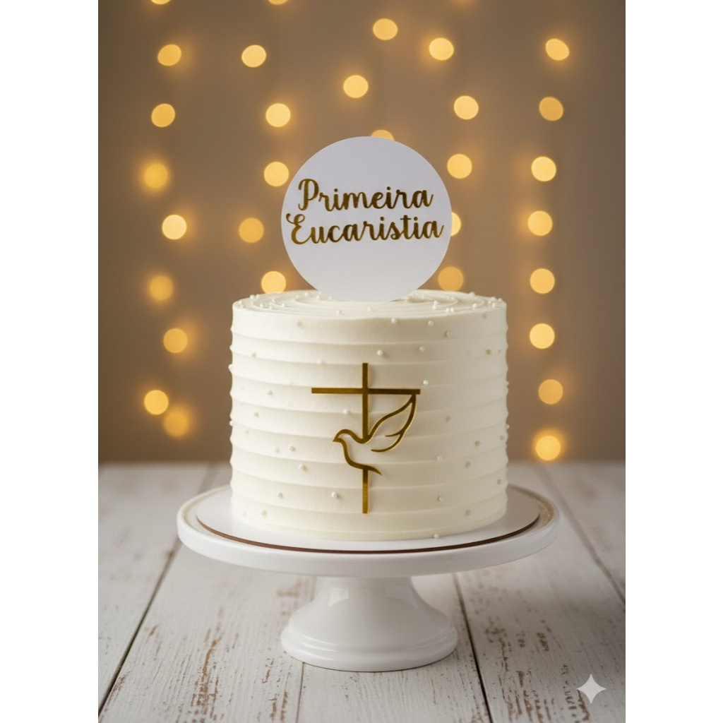 ENVIO IMEDIATO - Topo de Bolo Oração Primeira Comunhão | Cruz e Pomba Dourada Decoração Batizado Luxo | Eucaristia
