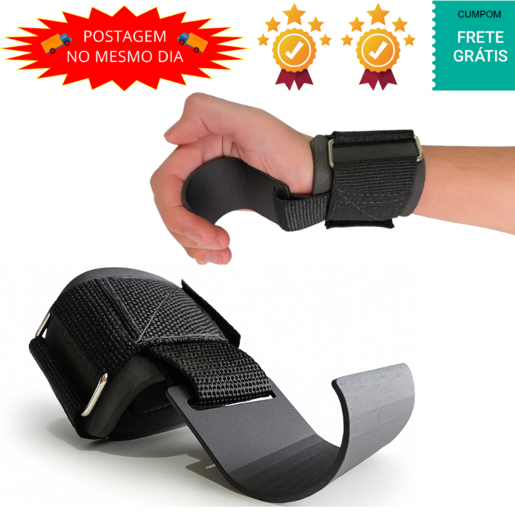 Par Strap Gancho Metal Academia Musculação Treino Costas Preto Munhequeira Ajustavel