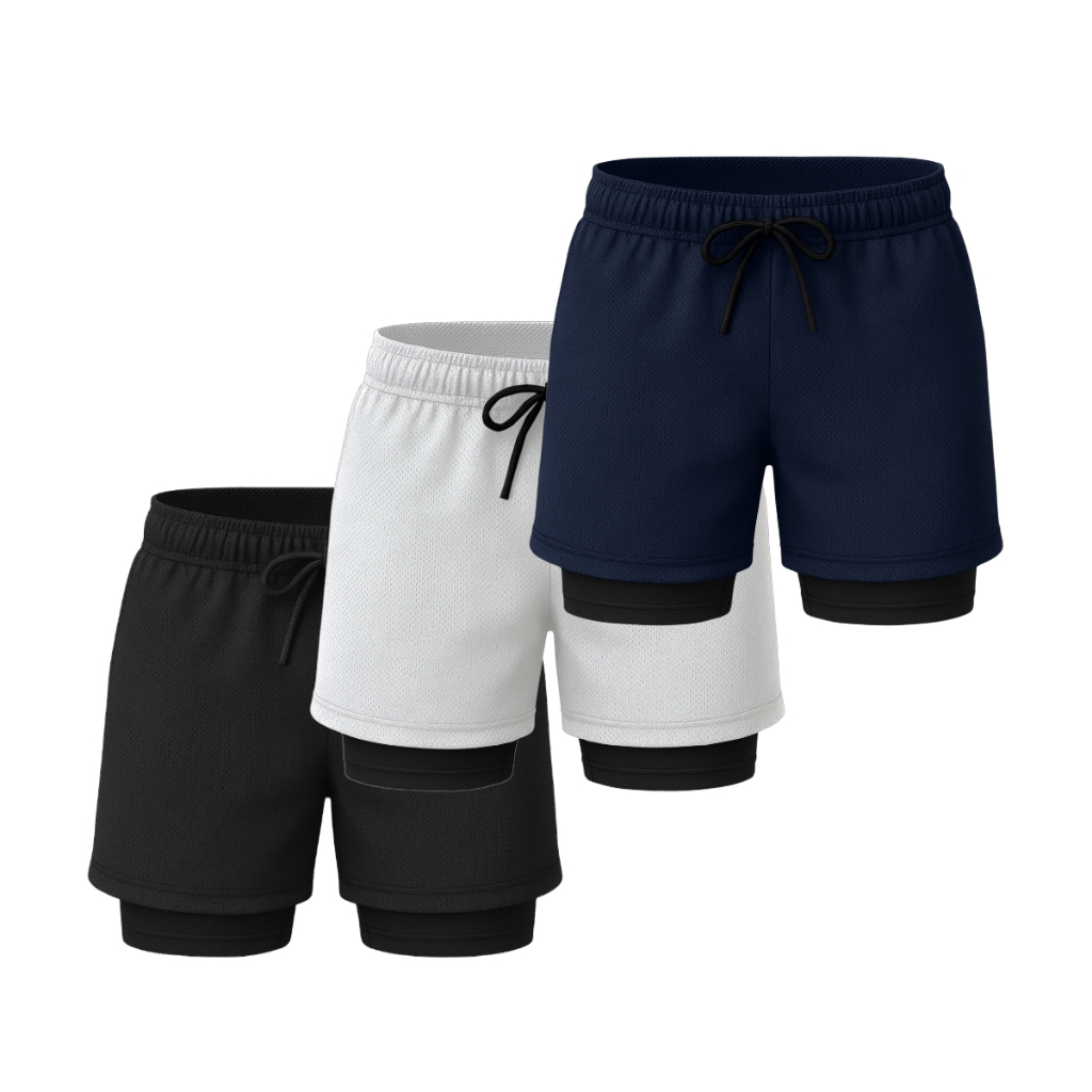 Kit 3 Shorts Treino Dry Fit Térmico 2 em 1 com Bolso para Celular e Porta-Toalha Fitness Academia