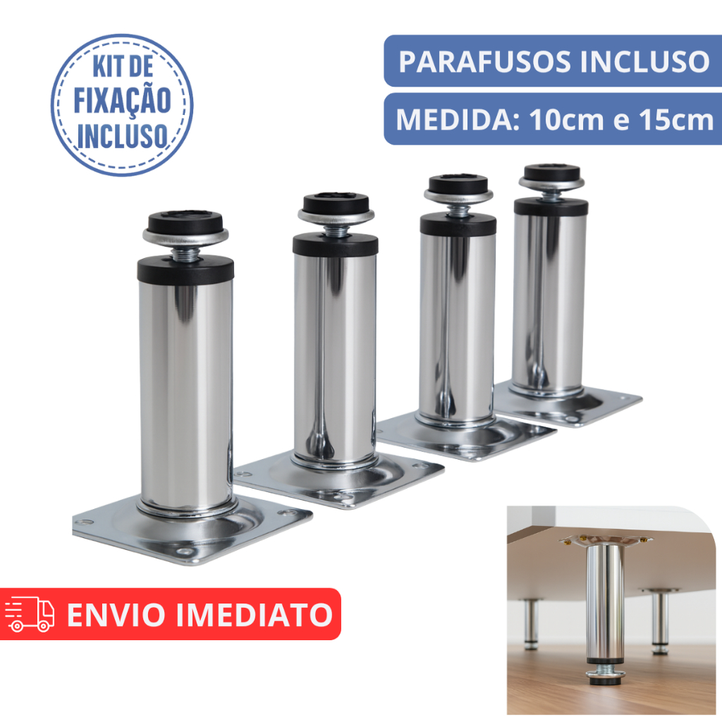 Kit Pés Para Móveis Regulável Redondo Cromado 10cm 15cm em Oferta na Shopee