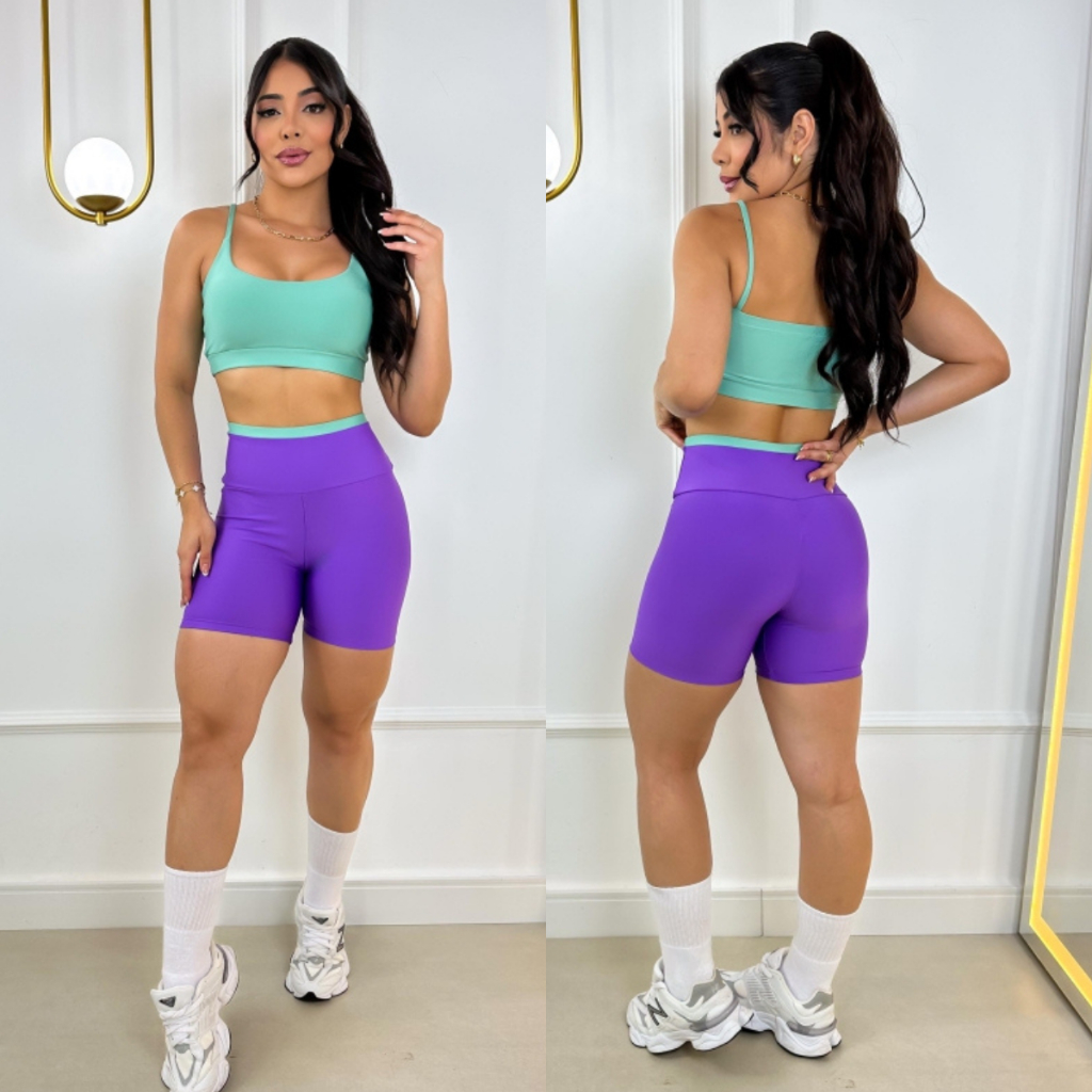 Conjunto Fitness Bicolor Feminino Short e Top Bojo Removível Academia Roupa De Malhar Suplex Premium em Oferta na Shopee