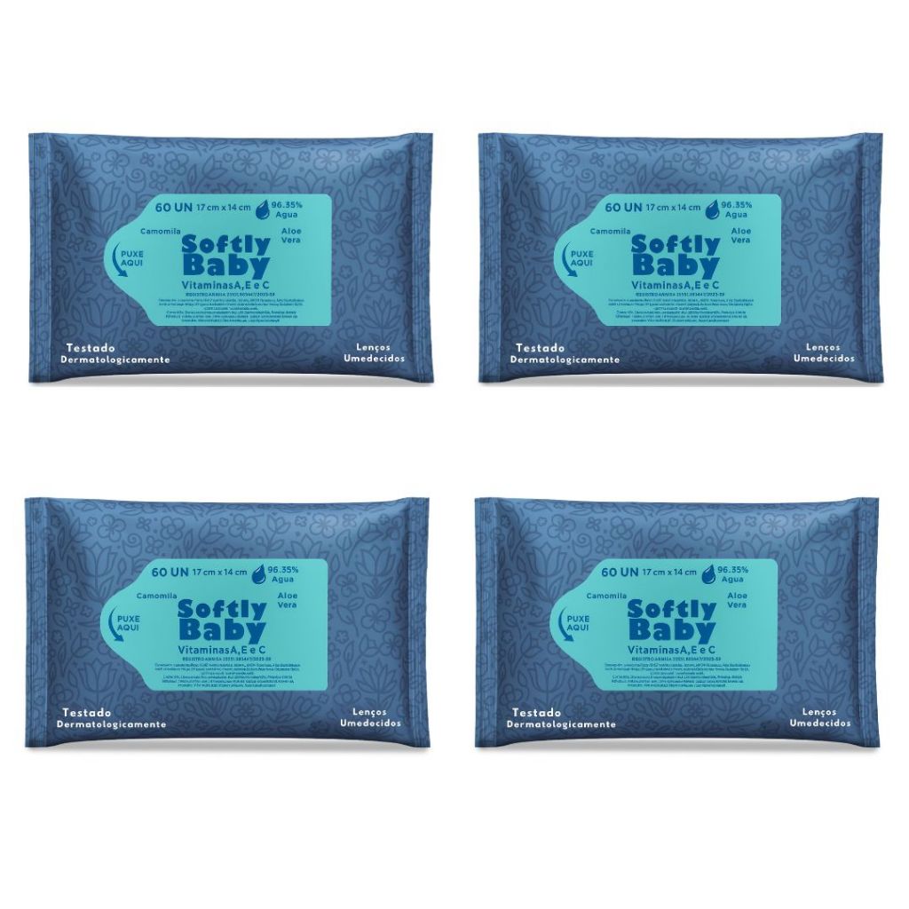 240UN Lenço Umedecido Baby Softly Vitaminas A, E e C Aloe Vera, Camomila - 4 pacotes com 60 unidades em Oferta na Shopee