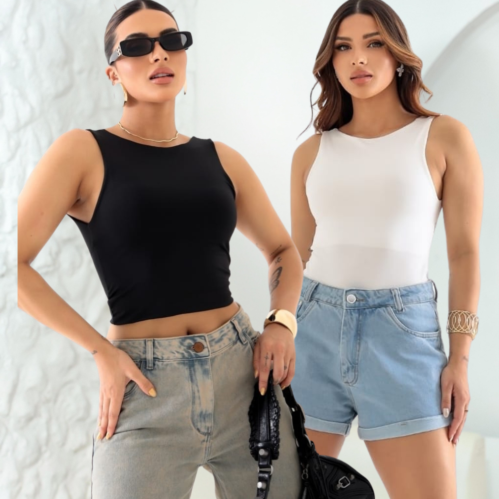 Kit 2 Cropped Feminino Blusa Regata Com Alça Costa Nua Decote Redondo Suplex Forro Duplo Verão Casual em Oferta na Shopee