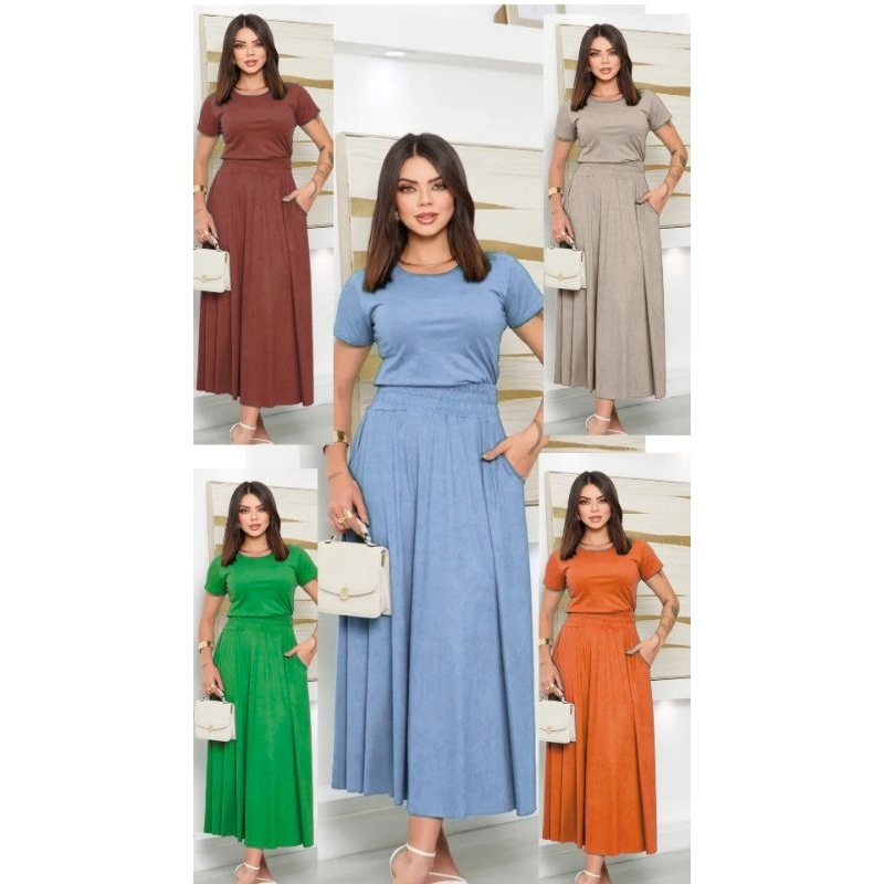 Conjunto Femenino de Blusa Básica com Saia Midi Godê Elegante no tecido suede