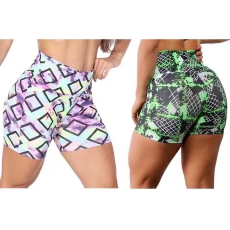 Kit com 2 Bermudas Fitness Meia Coxa em Suplex Estampado Short Feminino Cós Alto ideal para Academia e Esportes em Geral