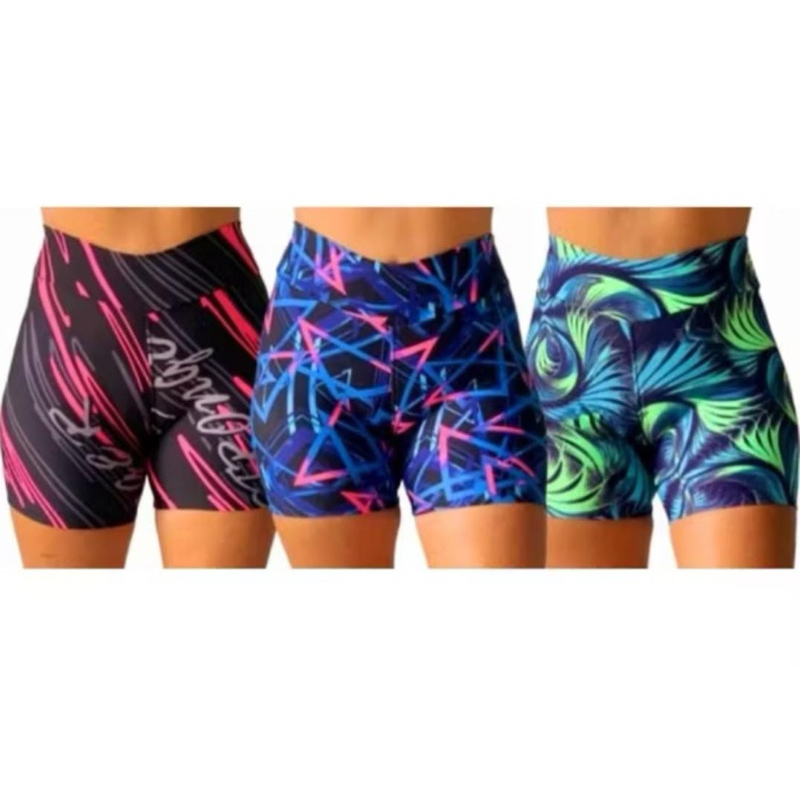 Kit com 3 Bermudas Fitness Meia Coxa em Suplex Estampado Short Feminino Cós Alto Ideal para Academia e Esportes em Geral