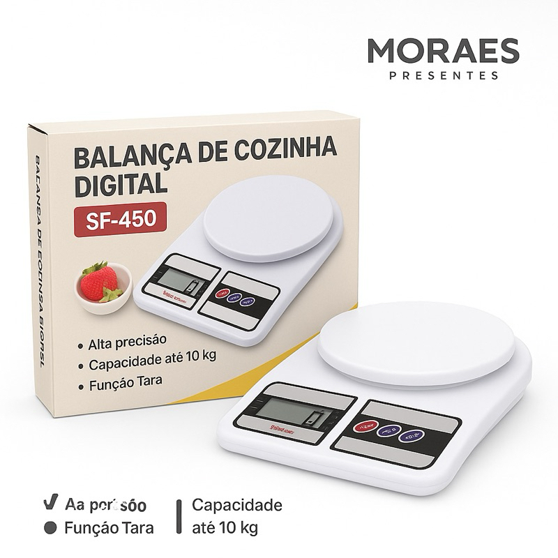 Balança de Cozinha Digital SF-450  	 ⚖️ Alta precisão 💪 Capacidade até 10 kg 🔁 Função Tara 🔋 Display digital