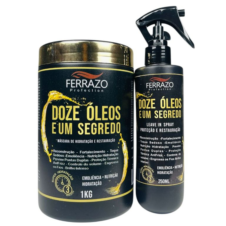 Máscara Doze Óleos e Um Segredo 1Kg e Spray Doze Óleos Brilho Intenso 250mL Ferrazo Profection