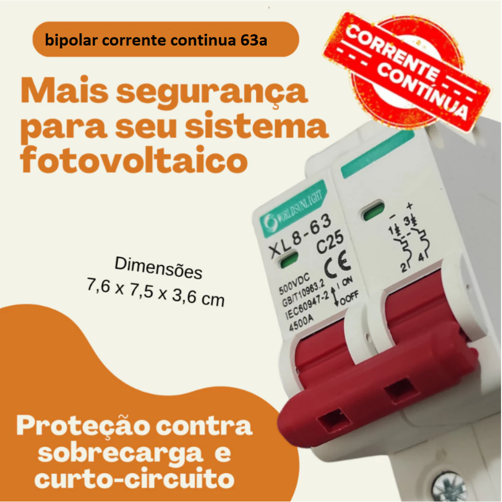 Disjuntor DC Cc corrente continua 63a bipolar Sistema solar fotovoltaico Curva C 500v Steck