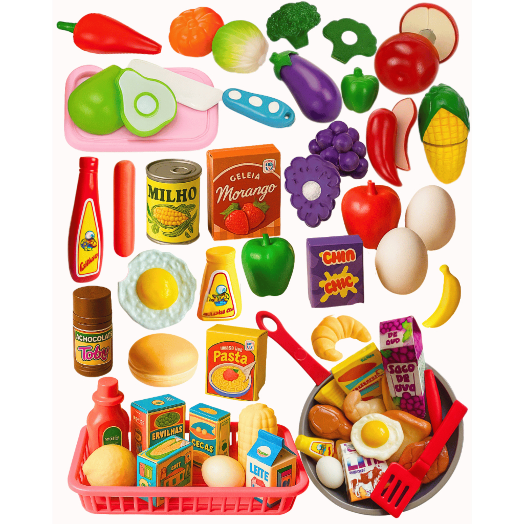 Cesta Mercado Frutas e Legumes de Cortar com Velcro + Frigideira C/ Comidinhas de Brinquedo Infantil em Oferta na Shopee