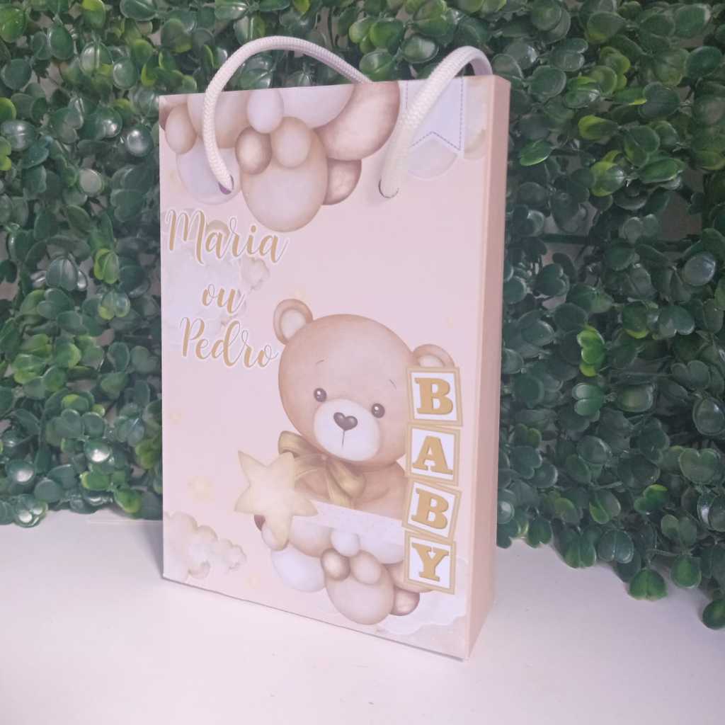 Sacolinha Surpresa Chá De bebe Festa Inafantil Lembrancinha Surpresa Ursinho dourado Menino ou menina