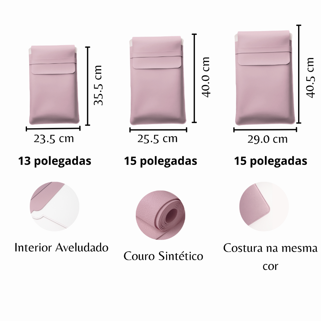 Luvas Pasta Capa Case Para Notebook Couro Rosa Clarinho Rose 13, 15,6 e 17