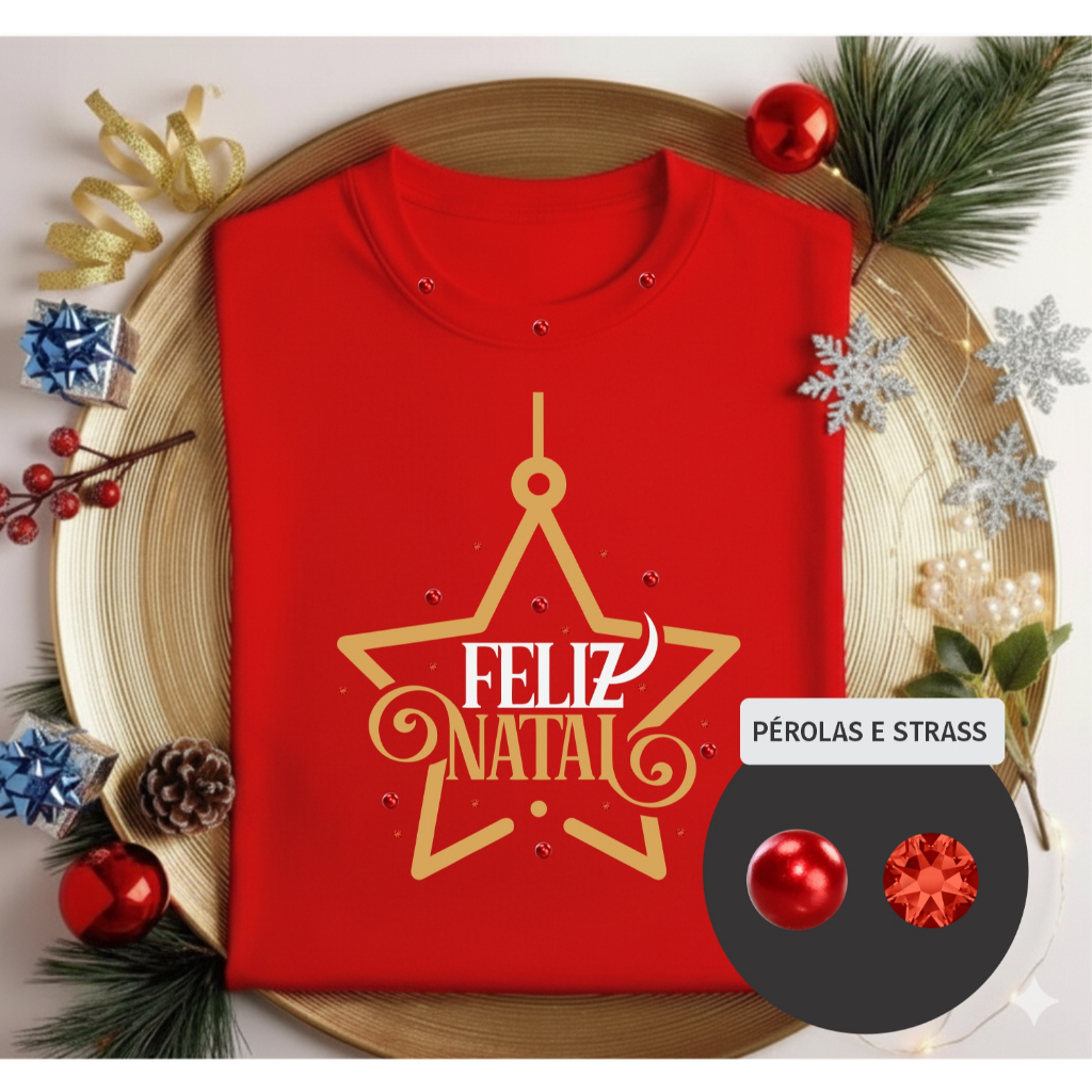 blusa feminina com pedraria de natal brilho camiseta festas natalina estilosa COM PÉROLA E STRASS