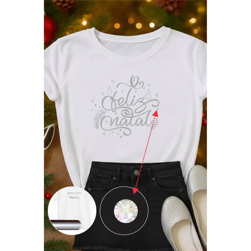 blusa feminina com pedraria de natal brilho camiseta festa natalina COM STRASS  e estampa prateada algodão