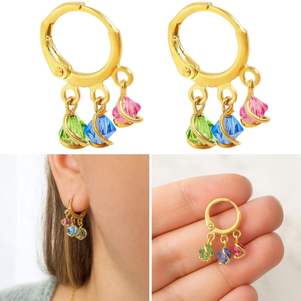 Brinco de Argola Infantil ou Adulto Banhada a Ouro 18k Trio de Cristais Coloridos Aro Semijoia com Garantia