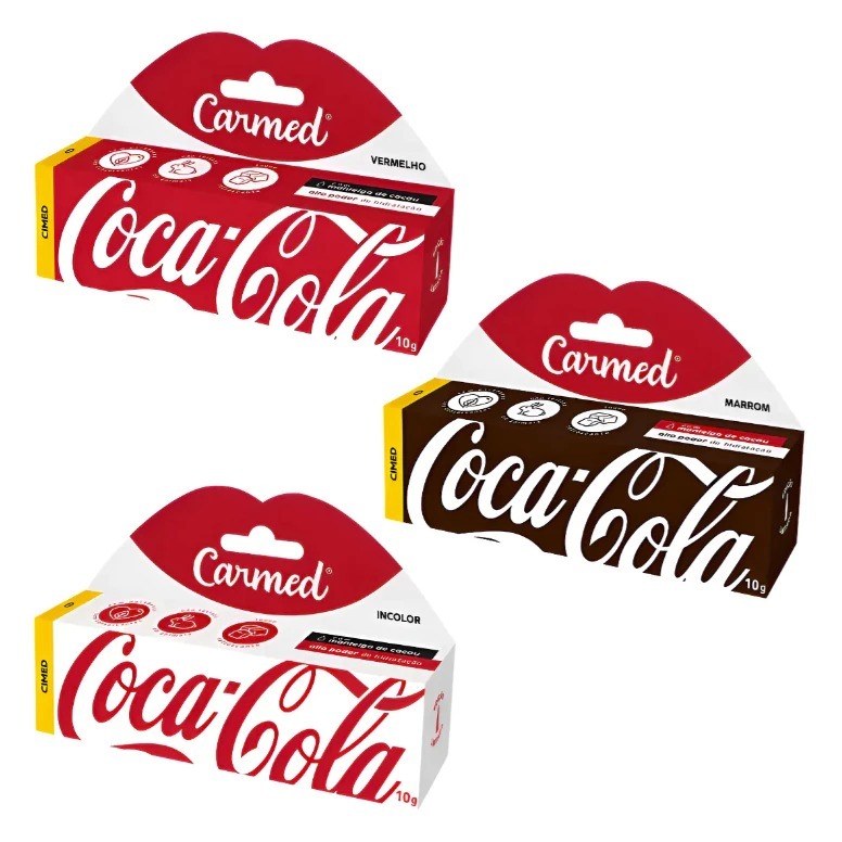 Kit 3 Unidades Hidratante Labial Carmed Coca-Cola 10g (Vermelho, Marrom e Incolor)
