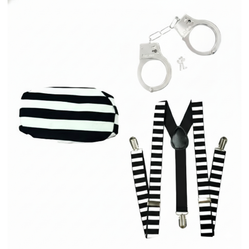Kit Fantasia Presidiário Preso Suspensório Algema Boina Carnaval Halloween Fantasia Listrada