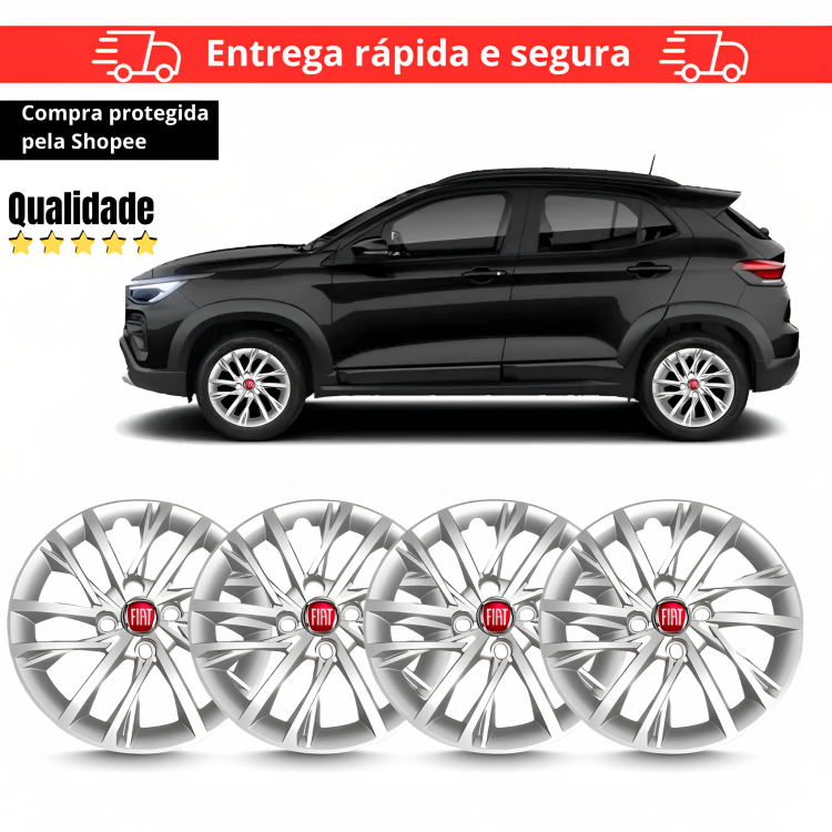 KIT 4 Calota Aro 14 Pulse 2022 2023 2024 2025 Prateado Com Emblema